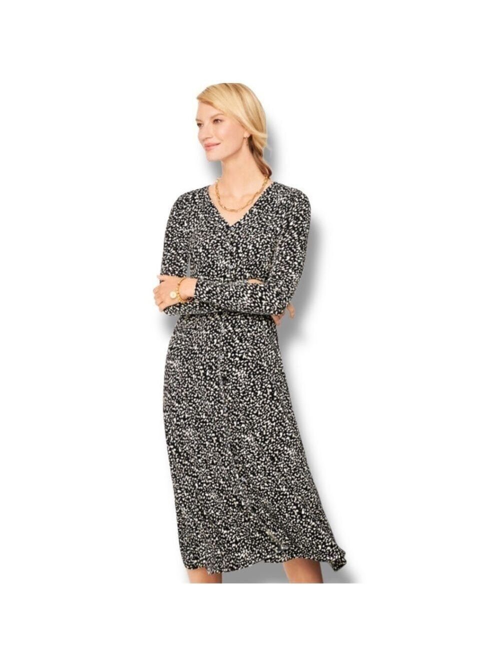 TALBOTS Jersey Knit Fit & Flare Long Sleeve Abstract Dots Midi Dress Popover XL